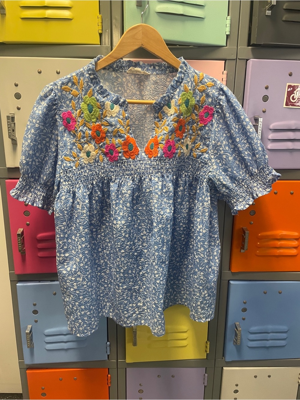 Blue Floral THML Embroidered Women’s Peasant Top, XL